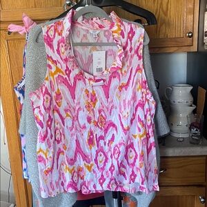 Crown & Ivy women’s Size XXL Pink White Orange Ruffle Sleeveless Blouse